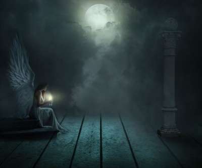 幻想 天使 月亮 光 蜡烛 女性 神秘 天空 雕像 魔法