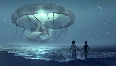幻想 海滩 孩子们 海蜇 夜晚 童话 神秘 超现实的 天堂