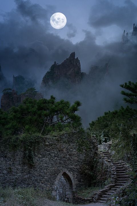 景观 幻想 幻想风景 黑暗的 哥特 废墟 夜晚 月亮 辉光