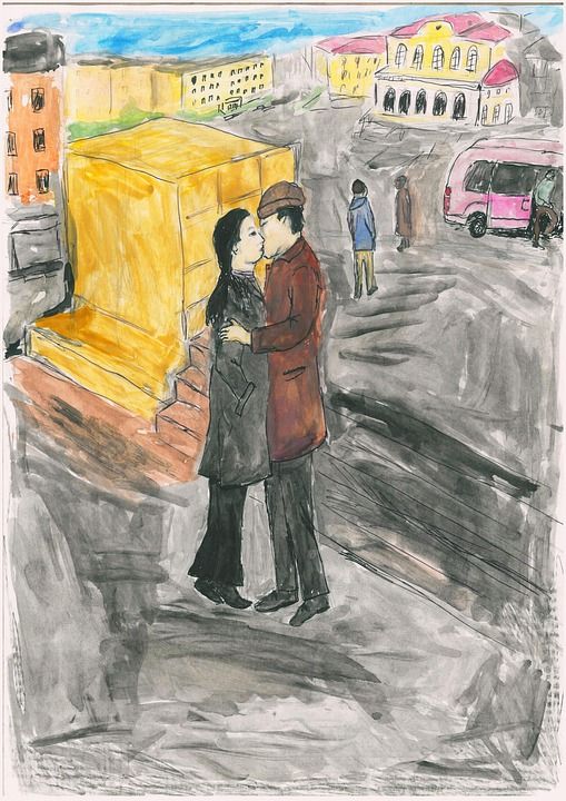夫妻 吻 水彩 绘画 情侣 城市的 建筑物 城市 场景 画画