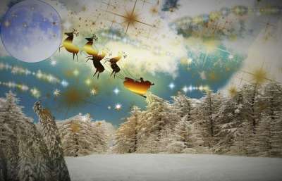 冬天 树木 月亮 圣诞老人 雪橇 寒冷的 冬天树 圣诞节 雪