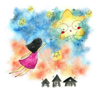 女孩 梦 星星 夜晚 夜空 星空 幻想 画画 水彩绘画