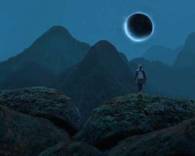 月亮 蚀 星空 丘陵 首脑 山 多雾路段 有雾的 树木 岩石