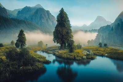 山 湖 树木 幻想 景观 河 生成的Ai
