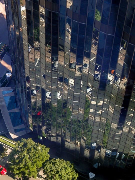 城市 建造 高楼 布里斯班 正面 玻璃 玻璃 反射 路 树木