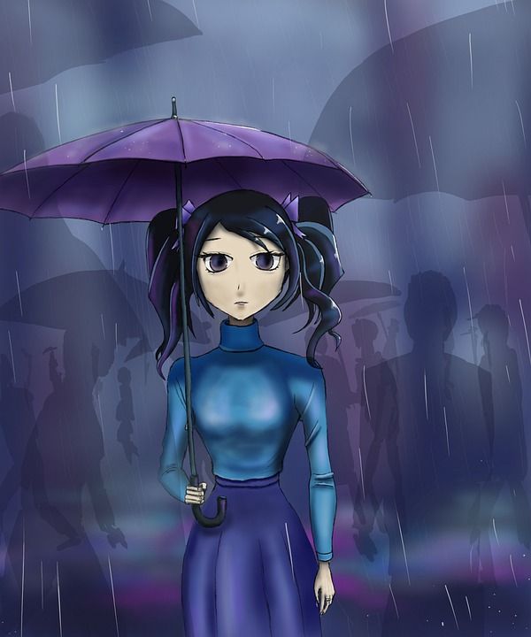 女孩 雨 雨伞 街道 城市 晚上 黑暗的 雨滴 下雨 漫画