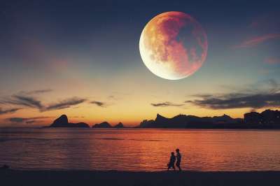 幻想 日落 湖 月亮 天空 云 孩子们 剪影 剪辑 照片处理