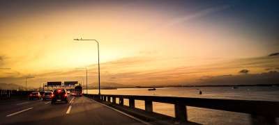 日落 桥 湾 路 交通 黄昏