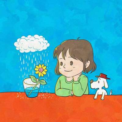 绘画 幻想 女孩 小狗 宠物 花 云 雨 杯子 童年 迷人的