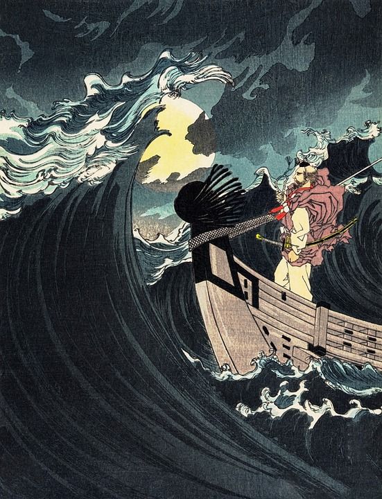 海 海洋 木刻 男人 日本人 艺术品 优质的 海浪 月亮