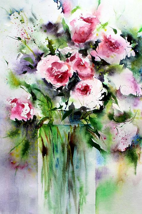 艺术 绘画 水彩 束玫瑰 花 自然 植物 花园 叶子 作画