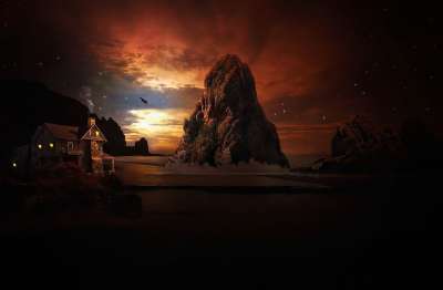 景观 水 海 天堂 岩石 房子 云 星星 日落 照明心情