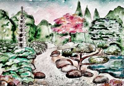 日本花园 东方 自然 水 艺术 插图 树 画画 树木 植物