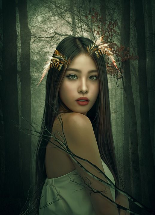 女士 美丽 森林 女孩 女性 年轻 美丽的 长发 黑色的头发