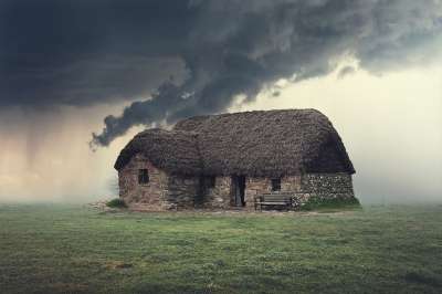 Blackhouse 舱 风暴 传统房屋 石屋 景观 原野 雨