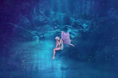 仙女 湖 幻想 精灵 翅膀 森林 魔法 夜晚 坐着 星星