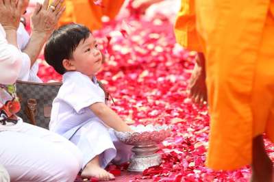 佛教徒 玫瑰花瓣 孩子 走 僧侣 传统 仪式 泰国 节日 祈祷
