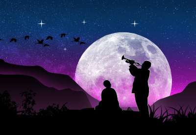 音乐家 月亮 自然 轮廓 夜空 星空 星星 满月 月光 夜晚