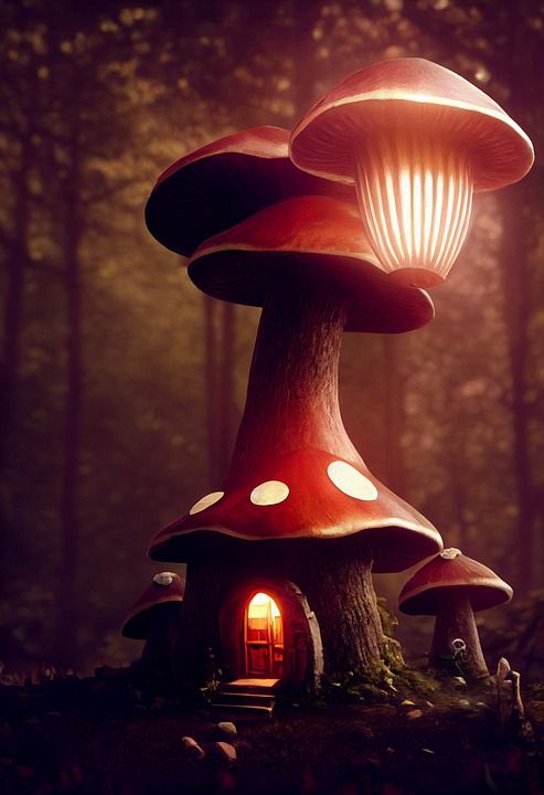 蘑菇 童话屋 幻想 光 灯笼 自然 树木 森林 童话 神奇