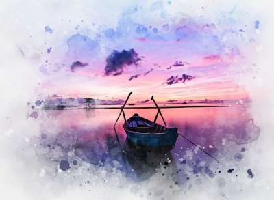 景观 自然 日落 天空大海 水 船 水彩 绘画 艺术品