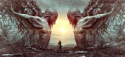 幻想 门户网站 男人 雕像 岩石 石头 景观 神秘 光 情绪