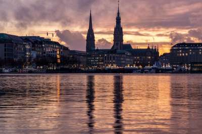 城市 镇 旅行 日落 汉堡 Alster 大气的