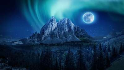 大自然壁纸 自然壁纸 高清壁纸 山 极光 月亮 夜晚 北极光