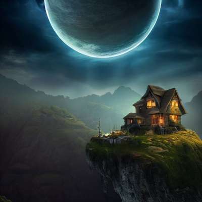 舱 山 月亮 悬崖 行星 幻想 绘画 艺术品 景观 冒险
