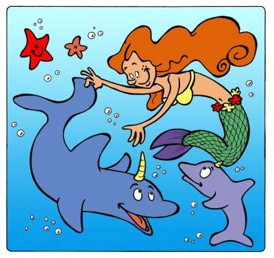 美人鱼 海豚 海洋 漫画 设计 插图 蓝色的 水 存根 Stub