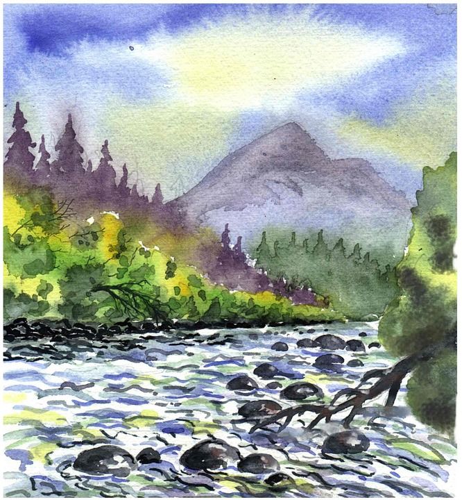 水彩 绘画 景观 溪 水 树木