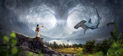 幻想 景观 光 隧道 鲨鱼 鱼 女士 童话 田园诗般的 神秘