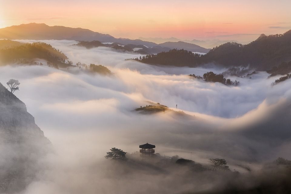 景观, 山, 雾, 亚洲, 亲爱的, 云, 风景