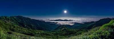 景观 全景 夜晚 山 月光 海的云 白山 石川县 日本