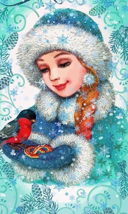 女孩 雪少女 布尔芬奇 新年前夕 明信片 复古的 优质的 冬季