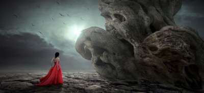 幻想 神秘 女士 裙子 红色的 脸 根 木头 景观 可怕的