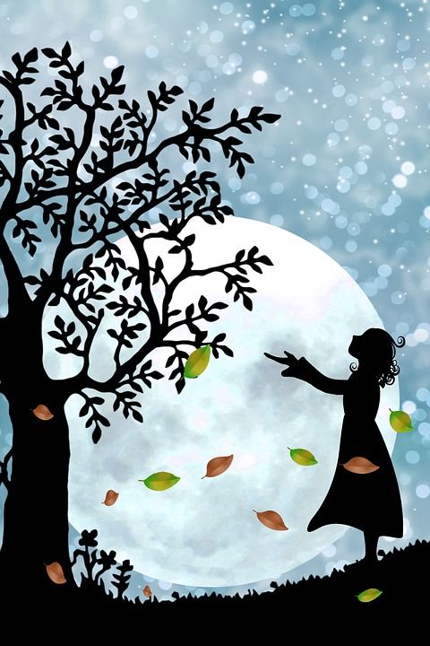 幻想 神秘 月亮 星星 女孩 轮廓 天堂 童话 云 景观