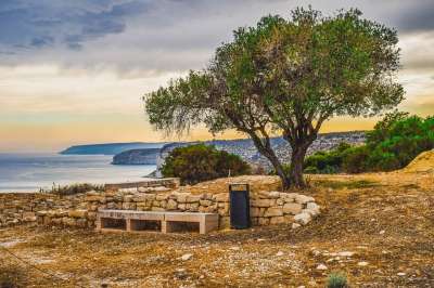 塞浦路斯 Kourion 景观 树 天空 云 地平线 古老的
