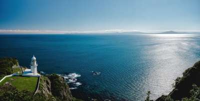 灯塔 海 景观 全景 岬 筑丘岬灯塔 地平线 北海道 日本