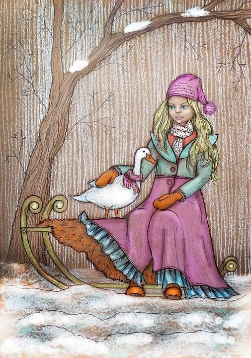 女孩 明信片 新年 圣诞节 冬季 鹅 雪橇 森林 假日 画画