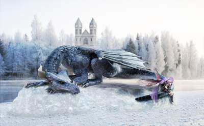 龙 精灵 冬天 城堡 友谊 流动 景观 神秘 幻想 童话 雪