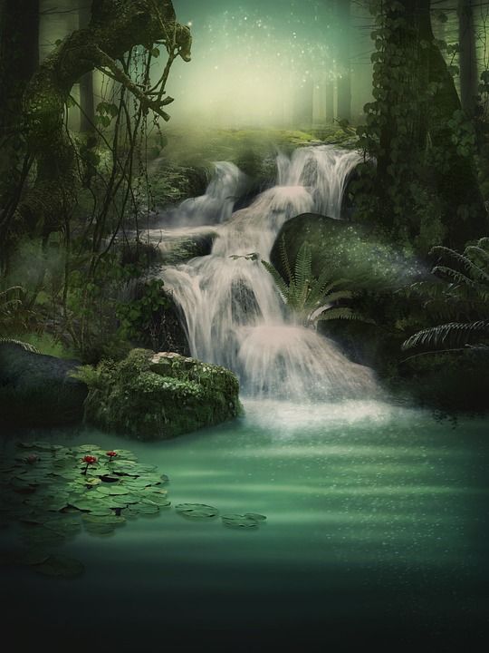 幻想 湖 瀑布 森林 苔藓 石头 睡莲 常春藤 闪光 隐