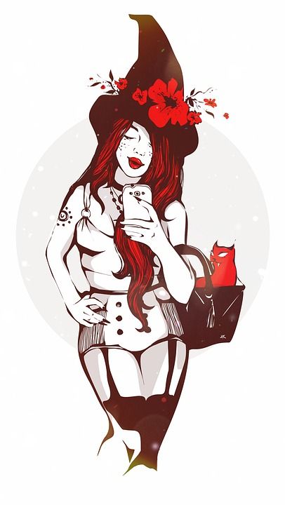 年轻女子 猫 插图 画画 巫婆 自拍 女性 艺术 秘密
