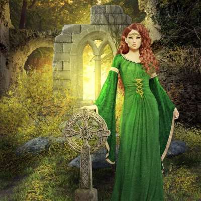 女士 中世纪 幻想 凯尔特人 叉 废墟 户外的 日出 日落