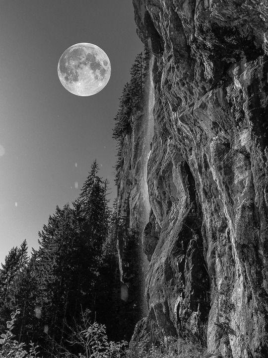 满月 夜晚 岩石 森林 阿尔卑斯山 黑暗 夜拍 超级月亮 月亮