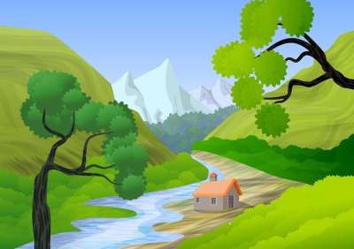 景观 自然 山 丘陵 树木 绿色 蓝色的 方案 插图 河 水