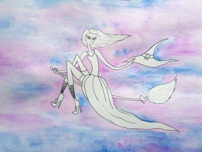 巫婆 万圣节 画画 魔法 扫帚 水彩 幻想 艺术 邪恶的女巫