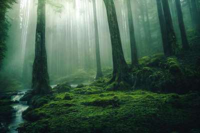 生成的Ai 林 树木 神秘 阳光 河 绿色 幻想