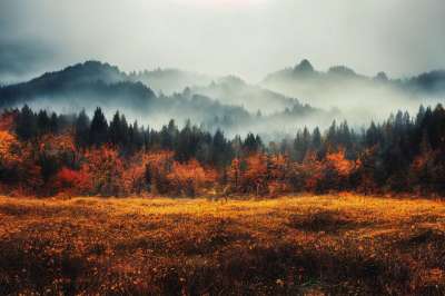 生成的Ai 幻想 秋天 有雾的 森林 山 远景 景观 自然