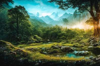 树木 森林 湖 幻想 水 童话故事 生成的Ai