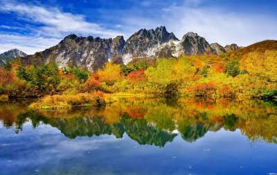 多山的景观 秋季树叶 水的表面的反射 剣岳 仙人池 北阿尔卑斯